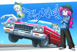 Size: 1132x770 | Tagged: safe, artist:uotapo, character:derpy hooves, character:lyra heartstrings, character:pinkie pie, my little pony:equestria girls, bracelet, car, chevrolet, chevrolet impala, clothing, female, glasses, grin, hat, high heels, legs, looking at you, lowrider, midriff, open mouth, rapper pie, shoes, shorts, sky, smiling, stupid sexy derpy, sunglasses, tubetop