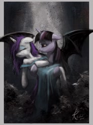 Size: 864x1166 | Tagged: safe, artist:grissaecrim, character:rarity, character:twilight sparkle, castlevania, clothing, dress, vampire, wings