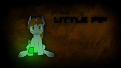 Size: 1920x1080 | Tagged: safe, artist:erthilo, oc, oc only, oc:littlepip, species:pony, species:unicorn, fallout equestria, abstract background, fanfic, fanfic art, female, hooves, horn, looking at you, mare, open mouth, pipbuck, sitting, smiling, solo, teeth, text