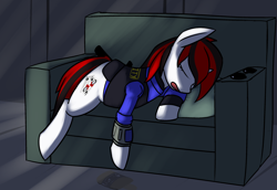 Size: 1280x879 | Tagged: safe, artist:erthilo, oc, oc only, oc:blackjack, species:pony, species:unicorn, fallout equestria, fallout equestria: project horizons, clothing, couch, cutie mark, eyes closed, fanfic, fanfic art, female, hooves, horn, lying down, mare, open mouth, pipbuck, sleeping, solo, sunglasses, vault suit