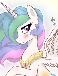 Size: 920x1200 | Tagged: safe, artist:joakaha, character:princess celestia, species:alicorn, species:pony, g4, blushing, bust, female, jewelry, looking at you, mare, photoshop, raised hoof, regalia, solo, spread wings, wings