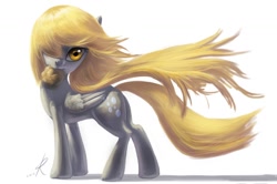 Size: 1346x894 | Tagged: safe, artist:grissaecrim, character:derpy hooves, species:pegasus, species:pony, g4, background pony, beautiful, epic derpy, female, food, hair over one eye, mare, mouth hold, muffin, simple background, solo, wind, windswept mane