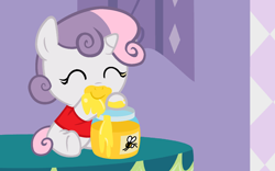 Size: 1536x960 | Tagged: safe, artist:beavernator, character:sweetie belle, species:pony, spoiler:comic, baby, baby belle, baby pony, beavernator is trying to murder us, crossover, cute, dawwww, diasweetes, eating, eyes closed, female, foal, honey, messy eating, sitting, smiling, solo, underhoof, winnie the pooh
