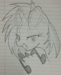 Size: 500x610 | Tagged: safe, artist:zev, character:dj pon-3, character:vinyl scratch, female, grayscale, lined paper, monochrome, pencil, solo, traditional art