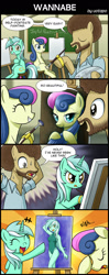 Size: 800x2020 | Tagged: safe, artist:uotapo, character:bon bon, character:lyra heartstrings, character:sweetie drops, species:pony, my little pony:equestria girls, adorabon, art, bob ross, bon bon is not amused, canvas, clothing, comic, cute, dialogue, engrish, eyes closed, female, humie, irrational exuberance, leotard, lyra is amused, lyrabetes, male, mare, one-piece swimsuit, paint, ponified, smiling, speech bubble, stallion, swimsuit, that pony sure does love humans, trio