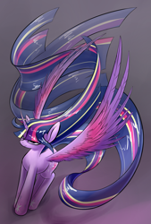 Size: 1181x1748 | Tagged: safe, artist:underpable, character:twilight sparkle, character:twilight sparkle (alicorn), species:alicorn, species:pony, bedroom eyes, curved horn, female, long mane, long tail, looking at you, mare, rainbow power, simple background, smiling, solo, spread wings, windswept mane, wings