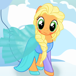 Size: 6400x6400 | Tagged: safe, artist:beavernator, character:applejack, absurd resolution, blushing, clothing, cosplay, dress, elsa, female, frozen (movie), looking at you, queen elsajack, smiling, solo