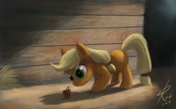 Size: 1024x630 | Tagged: dead source, safe, artist:grissaecrim, character:applejack, apple, female, filly, filly applejack, solo, worm, younger