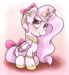 Size: 920x1000 | Tagged: safe, artist:joakaha, character:princess celestia, blushing, bracelet, cewestia, cute, cutelestia, earring, eyeshadow, female, filly, horn ring, jewelry, looking at you, necklace, piercing, pink-mane celestia, sitting, smiling, solo, tail bow, wing jewelry, wing ring, younger
