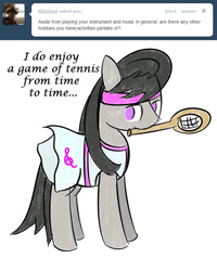 Size: 646x809 | Tagged: dead source, safe, artist:erthilo, character:octavia melody, species:earth pony, species:pony, ask octavia, ask, clothing, female, mare, mouth hold, no pupils, skirt, solo, tennis, tennis racket, tumblr