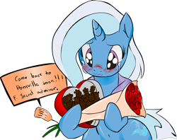 Size: 1851x1468 | Tagged: dead source, safe, artist:zev, character:trixie, species:pony, species:unicorn, g4, belly button, blushing, crying, female, flower, mare, pinecone, secret admirer, simple background, solo, transparent background, valentine