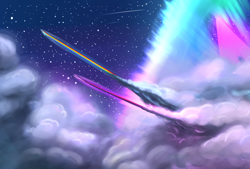 Size: 1580x1068 | Tagged: safe, artist:underpable, character:rainbow dash, character:twilight sparkle, character:twilight sparkle (alicorn), species:alicorn, species:pony, g4, my little pony: friendship is magic, cloud, cloudy, duo, epic, female, flying, mare, night, shooting star, shooting stars, sky, sonic rainboom, sonic xboom, speed trail, trail, woah
