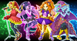 Size: 1494x800 | Tagged: safe, artist:uotapo, character:adagio dazzle, character:sunset shimmer, character:trixie, character:twilight sparkle, equestria girls:rainbow rocks, g4, my little pony: equestria girls, my little pony:equestria girls, armpits, boots, clothing, eyes closed, feet, female, hat, looking at you, microphone, one eye closed, open mouth, ponied up, pony ears, sandals, skirt