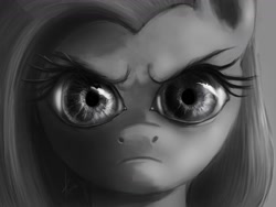 Size: 1440x1080 | Tagged: safe, artist:grissaecrim, character:fluttershy, artifact, detailed, female, grayscale, looking at you, monochrome, nightmare fuel, solo, the stare