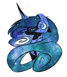 Size: 630x718 | Tagged: safe, artist:underpable, character:nightmare moon, character:princess luna, armor, ethereal mane, eyeshadow, female, headphones, looking at you, makeup, moon, slit eyes, solo