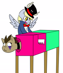 Size: 2095x2448 | Tagged: safe, artist:chub-wub, character:derpy hooves, character:doctor whooves, character:time turner, species:pegasus, species:pony, box sawing trick, choker, clothing, crosscut saw, crossdressing, female, hat, magic trick, magician, mare, saw, simple background, this will end in tears and/or death, top hat, white background
