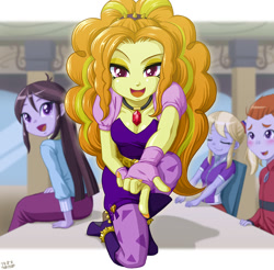 Size: 900x887 | Tagged: safe, artist:uotapo, character:adagio dazzle, character:cloudy kicks, character:heath burns, character:velvet sky, equestria girls:rainbow rocks, g4, my little pony: equestria girls, my little pony:equestria girls, adoragio, background human, beckoning, cleavage, clothing, cloudy kicks, cute, female, fingerless gloves, gem, gloves, heath burns, inviting, looking at you, nail polish, open mouth, pov, raised eyebrow, scene interpretation, siren gem, smiling, smirk, uotapo is trying to murder us, velvet sky
