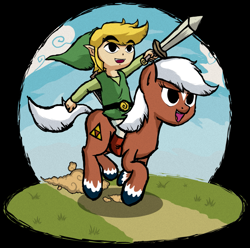 Size: 1157x1149 | Tagged: safe, artist:thebrokencog, species:earth pony, species:pony, epona, female, link, mare, nintendo, ponified, style emulation, the legend of zelda, the legend of zelda: the wind waker, toon link