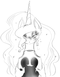 Size: 870x1118 | Tagged: safe, artist:zev, character:nightmare moon, character:princess luna, species:alicorn, species:pony, blushing, crying, eyeshadow, grayscale, hand, helmet, lidded eyes, looking at you, makeup, monochrome, pov, sad, simple background, solo focus, white background
