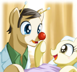 Size: 600x561 | Tagged: safe, artist:uotapo, bed, cancer (disease), clown nose, cute, feels, happy, legend, open mouth, patch adams, ponified, rest in peace, robin williams, smiling