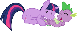 Size: 3533x1418 | Tagged: safe, artist:porygon2z, character:spike, character:twilight sparkle, character:twilight sparkle (unicorn), species:dragon, species:pony, species:unicorn, baby, baby dragon, cute, cutie mark, duo, eyes closed, female, horn, kissing, laughing, male, mama twilight, mare, raspberry, simple background, spikabetes, spikelove, tickling, transparent background, tummy buzz, vector