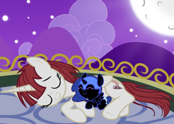 Size: 5600x4000 | Tagged: safe, artist:beavernator, character:nightmare moon, character:princess luna, oc, oc:fausticorn, species:pony, cute, diaper, filly, foal, happy, lauren faust, lunabetes, nightmare woon, sleeping, weapons-grade cute, woona