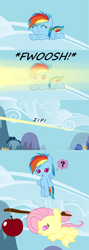 Size: 1120x3150 | Tagged: safe, artist:beavernator, character:flutterbat, character:fluttershy, character:rainbow dash, species:bat pony, species:pony, all glory to the beaver grenadier, apple, baby, baby dash, baby pony, babyshy, beavernator is trying to murder us, carrot on a stick, cute, filly, flying, foal, younger