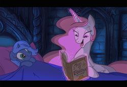 Size: 1078x739 | Tagged: safe, artist:jowyb, character:princess celestia, character:princess luna, species:alicorn, species:pony, g4, bed, book, celestia's bedtime story, cute, female, filly, leaning, lunabetes, magic, open mouth, pink-mane celestia, reading, smiling, telekinesis, woona, younger