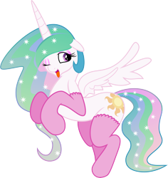 Size: 7500x7956 | Tagged: safe, artist:verard87, artist:zev, character:princess celestia, species:alicorn, species:pony, absurd resolution, clothing, female, floppy ears, mare, missing accessory, one eye closed, open mouth, simple background, socks, solo, spread wings, tongue out, transparent background, wings, wink