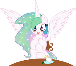 Size: 8524x7500 | Tagged: safe, artist:verard87, artist:zev, character:princess celestia, species:alicorn, species:pony, :d, absurd resolution, blushing, cute, cutelestia, female, looking at you, mare, missing accessory, open mouth, simple background, sitting, smiling, solo, spread wings, tea, transparent background, wings