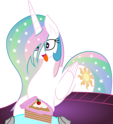 Size: 7500x8218 | Tagged: safe, artist:verard87, artist:zev, character:princess celestia, absurd resolution, cake, cakelestia, female, prone, solo, tongue out