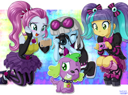 Size: 1082x800 | Tagged: safe, artist:uotapo, character:photo finish, character:spike, character:spike (dog), species:dog, equestria girls:rainbow rocks, g4, my little pony: equestria girls, my little pony:equestria girls, blushing, camera, cellphone, cute, female, male, paws, phone, photo, photospike, pixel pizazz, pixelspike, smartphone, smiling, spikabetes, spike gets all the equestria girls, spike the dog, sunglasses, the snapshots, violet blurr, violetspike, wink