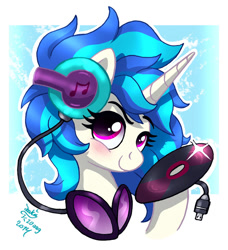 Size: 950x1040 | Tagged: safe, artist:joakaha, character:dj pon-3, character:vinyl scratch, species:pony, species:unicorn, blushing, bust, female, headphones, hooves, horn, mare, portrait, record, smiling, solo, sunglasses