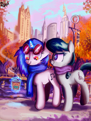 Size: 2480x3307 | Tagged: safe, artist:jowyb, character:dj pon-3, character:octavia melody, character:vinyl scratch, species:earth pony, species:pony, species:unicorn, central park, clothing, female, manehattan, mare, new york, scarf