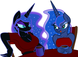 Size: 5000x3698 | Tagged: safe, artist:verard87, artist:zev, character:nightmare moon, character:princess luna, species:anthro, breasts, busty nightmare moon, busty princess luna, coffee, duality, female, simple background, transparent background