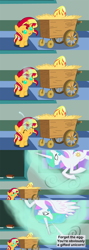 Size: 1120x3150 | Tagged: safe, artist:beavernator, character:princess celestia, character:sunset shimmer, species:alicorn, species:pony, species:unicorn, all glory to the beaver grenadier, baby, baby pony, comic, cute, diaper, female, filly, filly sunset shimmer, foal, glowing horn, horn, magic, mare, phoenix egg, shimmerbetes, smiling, spread wings, telekinesis, upside down, wide eyes, wings, younger