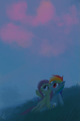Size: 585x880 | Tagged: safe, artist:grissaecrim, character:fluttershy, character:rainbow dash, duo, dusk, twilight (astronomy)