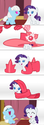 Size: 1120x3150 | Tagged: safe, artist:beavernator, character:photo finish, character:rarity, species:pony, babity, baby, baby ponies, baby pony, beavernator is trying to murder us, clothing, comic, cute, eyes closed, giant hat, happy, hat, laughing, open mouth, photaww finish, photo album, raribetes, scarf, shoes