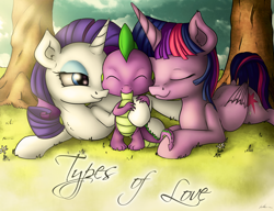 Size: 3640x2800 | Tagged: safe, artist:neko-me, character:rarity, character:spike, character:twilight sparkle, character:twilight sparkle (alicorn), species:alicorn, species:pony, ship:rarilight, ship:sparity, ship:twispike, bedroom eyes, cute, dawwww, eyes closed, fanfic art, female, fluffy, high res, hug, lucky bastard, male, mare, nuzzling, prone, shipping, smiling, spike gets all the mares, spikelove, straight, tree, twisparity