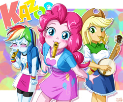 Size: 968x800 | Tagged: safe, artist:uotapo, character:applejack, character:pinkie pie, character:rainbow dash, my little pony:equestria girls, :3, abstract background, banjo, blowing, blushing, breasts, clothing, cute, dashabetes, delicious flat chest, diabetes, diapinkes, eyes closed, female, freckles, jackabetes, kazoo, looking at you, musical instrument, puffy cheeks, rainblow dash, rainbow flat, red face, shirt, skirt, sweat, uotapo is trying to murder us, weapons-grade cute