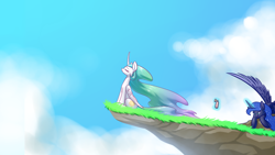 Size: 1920x1080 | Tagged: safe, artist:underpable, character:princess celestia, character:princess luna, species:alicorn, species:pony, airhorn, breeze, cliff, eyes closed, incoming prank, levitation, prank, pride rock, scenery, sisters, sitting, sky, this will end in tears, this will end in tears and/or a journey to the moon, this will end in tears and/or death, trolluna, wallpaper, windswept mane