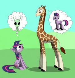 Size: 1180x1226 | Tagged: safe, artist:underpable, character:twilight sparkle, species:zebra, alien, eye contact, giraffe, looking up, open mouth, sitting, surprised, wide eyes
