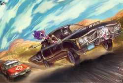 Size: 1270x856 | Tagged: safe, artist:jowyb, character:rarity, character:twilight sparkle, character:twilight sparkle (alicorn), oc, oc:sketchy, species:alicorn, species:anthro, car, car chase, ford, ford crown victoria, lincoln (car), lincoln continental, plushie, police car, weapon