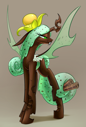 Size: 1181x1748 | Tagged: safe, artist:underpable, character:queen chrysalis, oc, oc:physalis, species:changeling, changeling oc, changeling queen, chocolate, fangs, food pony, mint, mint chocolate chip, original species, solo, spread wings, wings