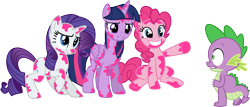 Size: 3581x1532 | Tagged: safe, artist:porygon2z, character:pinkie pie, character:rarity, character:spike, character:twilight sparkle, character:twilight sparkle (alicorn), species:alicorn, species:pony, cooties, female, mare, reference, scared, simple background, smiling, teen titans go, transparent background, vector, wallpaper