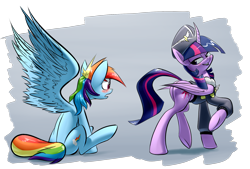 Size: 1748x1181 | Tagged: safe, artist:underpable, character:rainbow dash, character:twilight sparkle, character:twilight sparkle (alicorn), species:alicorn, species:pegasus, species:pony, ship:twidash, episode:testing testing 1-2-3, g4, my little pony: friendship is magic, ancient wonderbolts uniform, bedroom eyes, big wings, blushing, butt, clothing, commander easy glider, curved horn, eyes on the prize, female, grin, lesbian, lip bite, looking back, mare, open mouth, plot, raised hoof, raised leg, shipping, sitting, spread wings, twibutt, underhoof, uniform, wide eyes, wingboner, wings