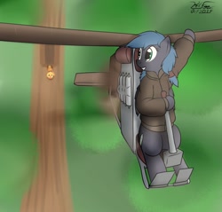 Size: 1280x1224 | Tagged: safe, artist:the-furry-railfan, character:applejack, oc, oc:night strike, species:earth pony, species:pegasus, species:pony, aircraft, cart, clothing, flying, flying machine, perspective, road, waving