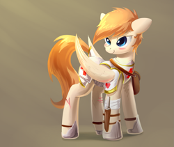 Size: 1401x1181 | Tagged: safe, artist:underpable, oc, oc only, oc:sacred heart, species:pegasus, species:pony, bandage, blushing, floppy ears, hoof shoes, knife, male, satchel, solo, stallion, standing