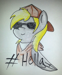 Size: 1024x1249 | Tagged: safe, artist:chub-wub, character:derpy hooves, species:pegasus, species:pony, backwards ballcap, clothing, female, hashtag, hat, hella, hoodie, mare, solo, sunglasses, traditional art, watermark