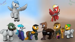 Size: 1280x716 | Tagged: safe, artist:the-furry-railfan, oc, oc only, oc:featherweight, oc:minty candy, oc:moral fringe, oc:twintails, species:earth pony, species:griffon, species:pegasus, species:pony, species:unicorn, fallout equestria, anti-materiel rifle, armor, b.a.r., cannon, fallout equestria: merchants of hope, fallout equestria: occupational hazards, gauss rifle, gun, power armor, rifle, steel ranger, steel rangers, weapon